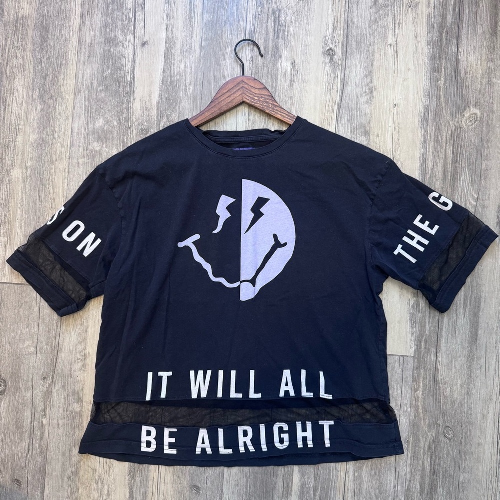 Black Graphic Women's Tee with Mesh Accents